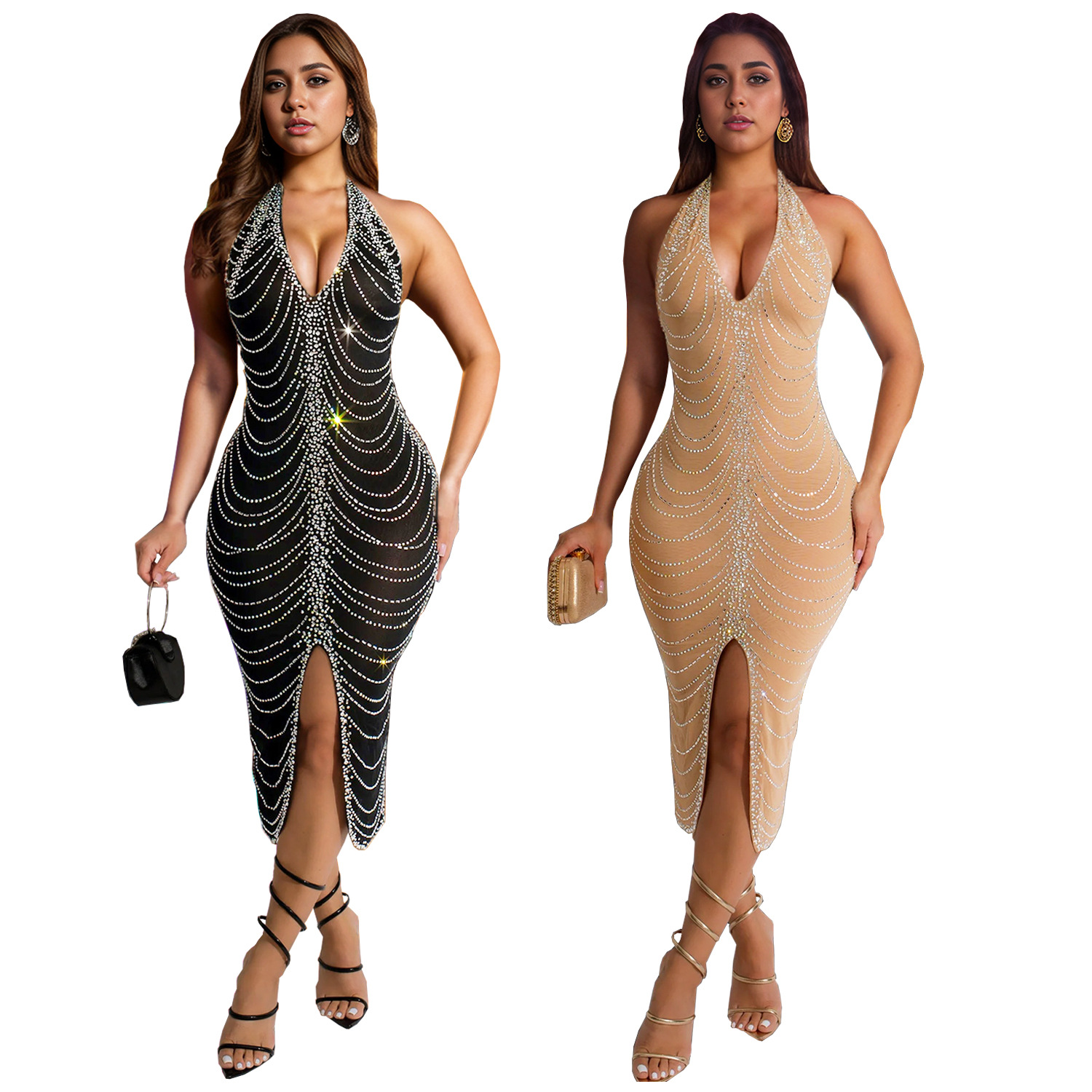 C7095 Aliexpress transfronterizo amazon ropa de moda europea y americana de mujer caliente delgada sexy bolsa de cadera vestido largo