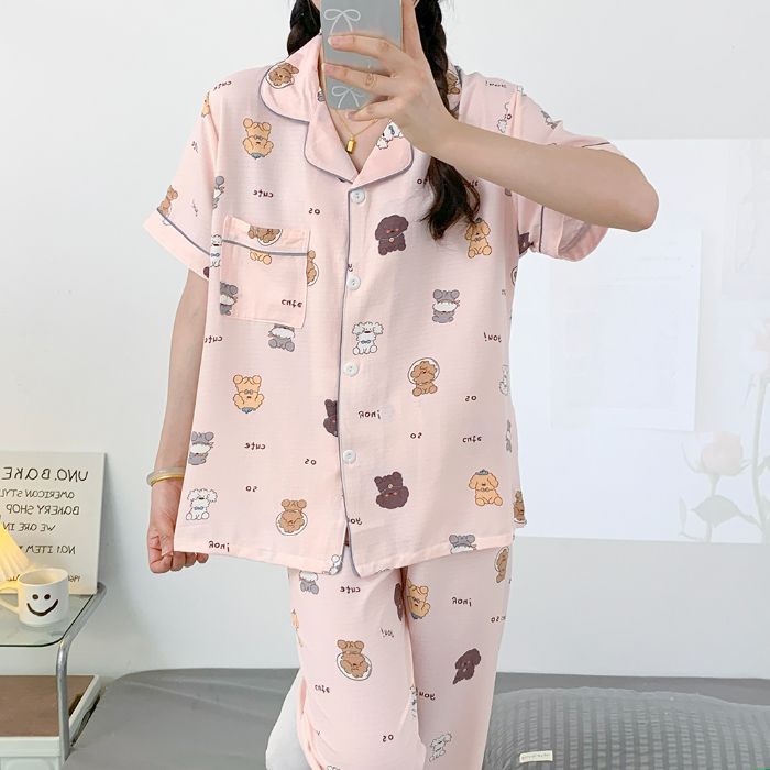 Pantalones de manga corta al por mayor transfronterizos, rebeca, pijamas, traje de dos piezas con estampado de solapa arrugada de burbujas de verano para mujer, ropa para el hogar
