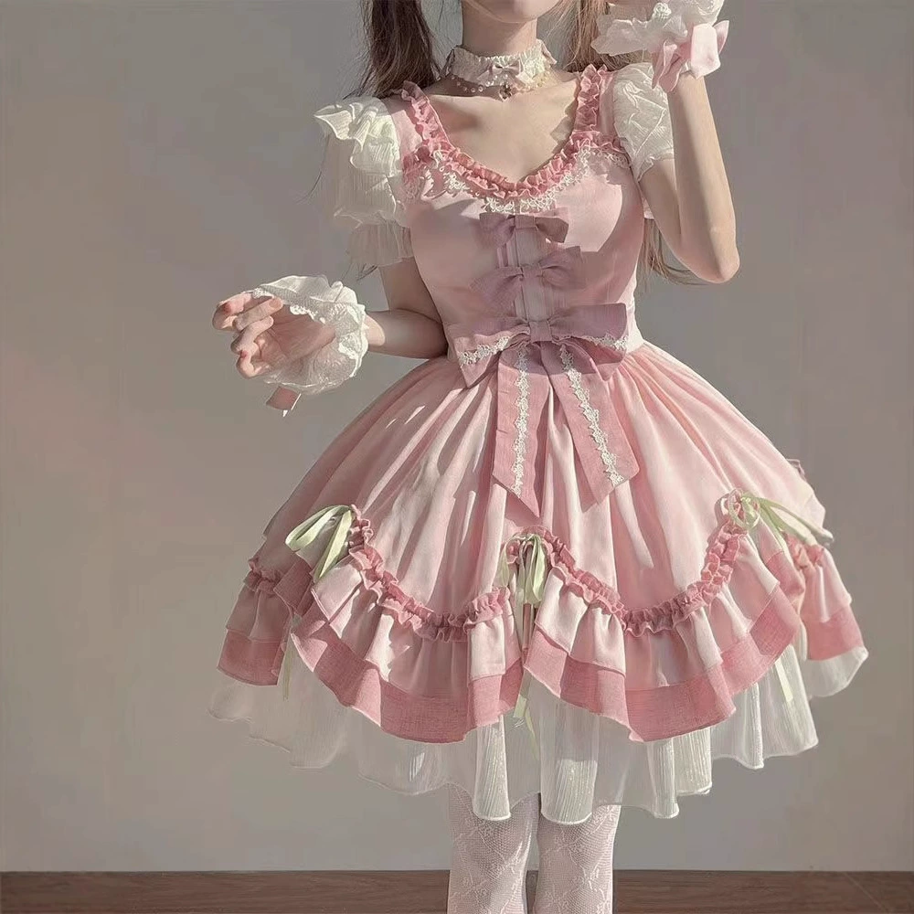 Розовое милое платье Лолиты, нежное платье Лолиты, мягкое платье принцессы для девочек, специальное розовое платье