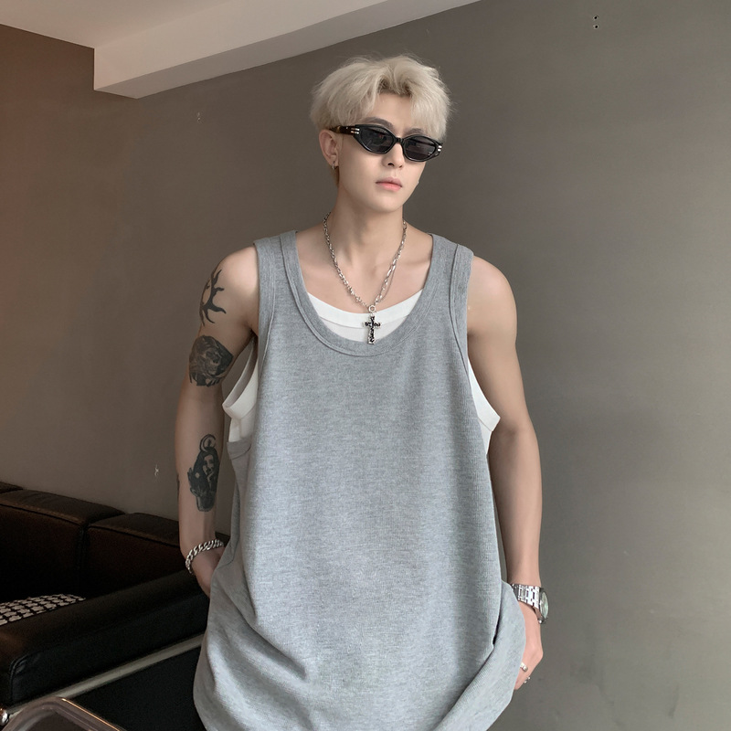 Design Sense Fake Two-piece Waffles Sleeveless Vest Men's Waistcoat T-shirt Men's Summer Trendy Couple T-shirt