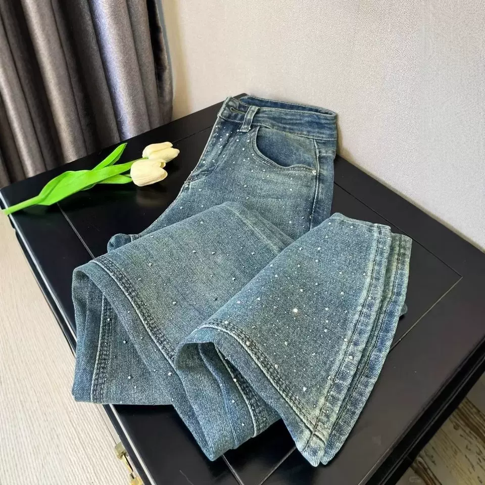美式复古镶钻牛仔裤女y2k高街设计感高腰直筒裤宽松百搭拖地裤潮