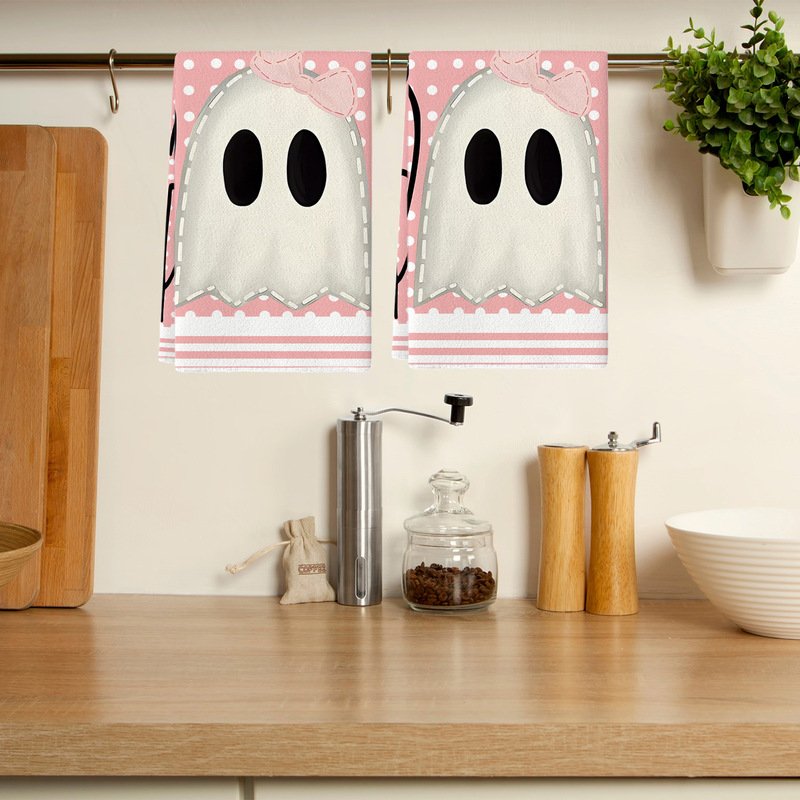 Pink Halloween Kitchen Dish Towel Ghost Bow Hand Towel Dish Cloth Farmhouse Home Restaurant Decor