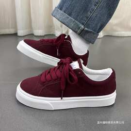 港风复古ins风潮流磨砂休闲平底单鞋bf情侣酒红色青年运动板鞋男