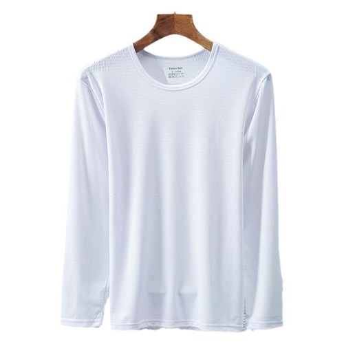 Men's Long-Sleeve Ice Silk T-Shirt with Round Neck for Summer, Plain Color, Plus Size, Wholesale Mesh, Breathable, Quick-Drying Fashion T-Shirt