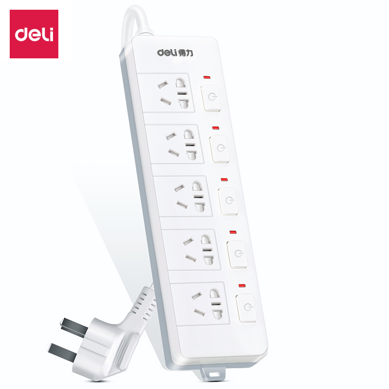 得力3998插座接线板5组3m分控开关线芯加粗阻燃防触电拖线插排