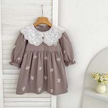韩版女童宝宝连衣裙纯棉绣花蕾丝翻领长袖婴幼童春秋季洋气连衣裙