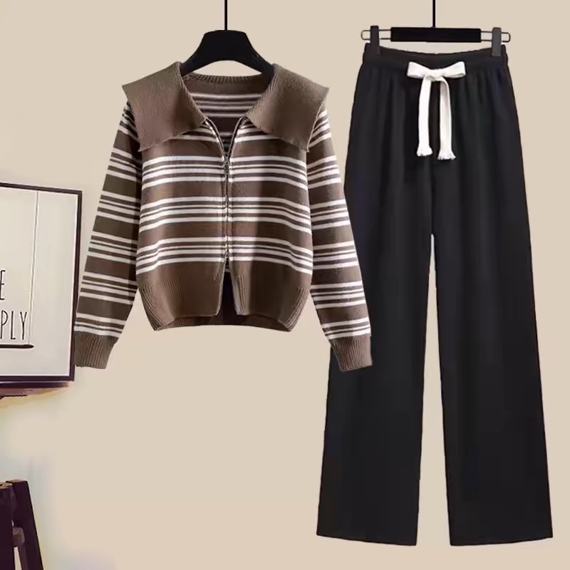Damenbekleidung, modischer Anzug, stilvoller gestreifter Reißverschluss, Strickjacke, Jacke, Pullover, lässige Hose mit weitem Bein, gestrickter zweiteiliger Anzug_voghion.com