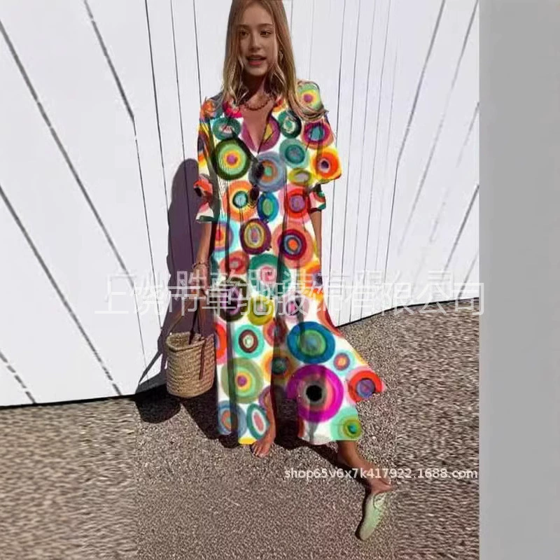 2025 Трансграничная Amazon Женская новая модель больших размеров, складка, европейское и американское независимое платье с печатным темпераментом
