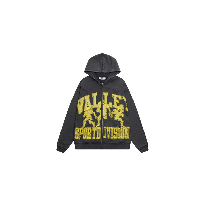 American Retro Distressed Hooded Sweatshirt for Men Valley Embroidered Rugby Style Zipper Hoodie Trendy Brand
