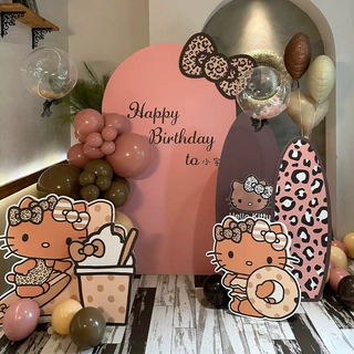 女孩生日黑皮HelloKitty主题气球布置装饰豹纹猫18岁背景墙kt板