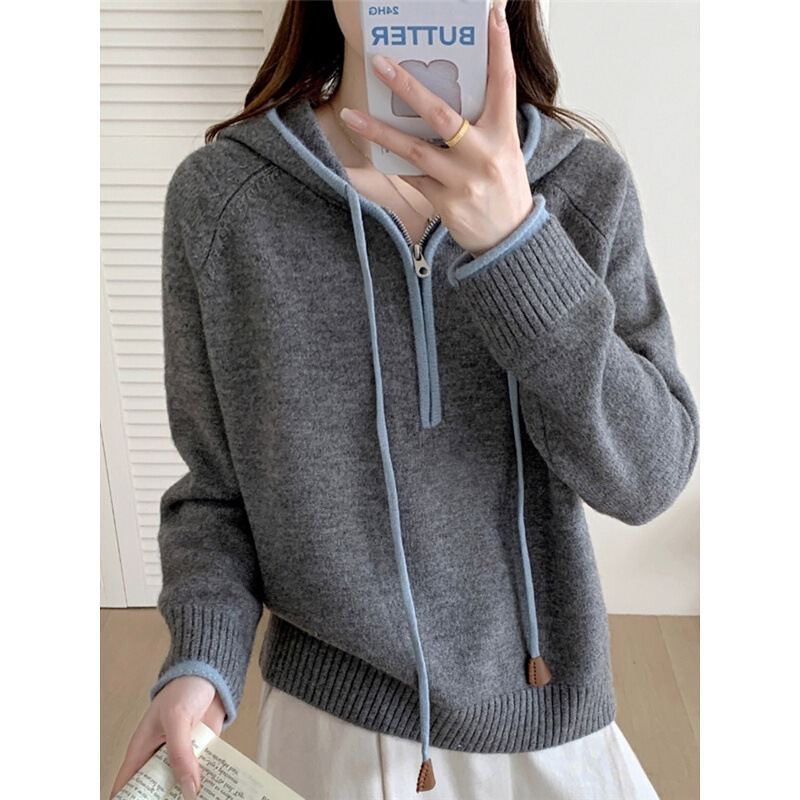 Korean Style Versatile Hooded Half-Zip Cashmere Sweater for Women Autumn and Winter Loose Sweater