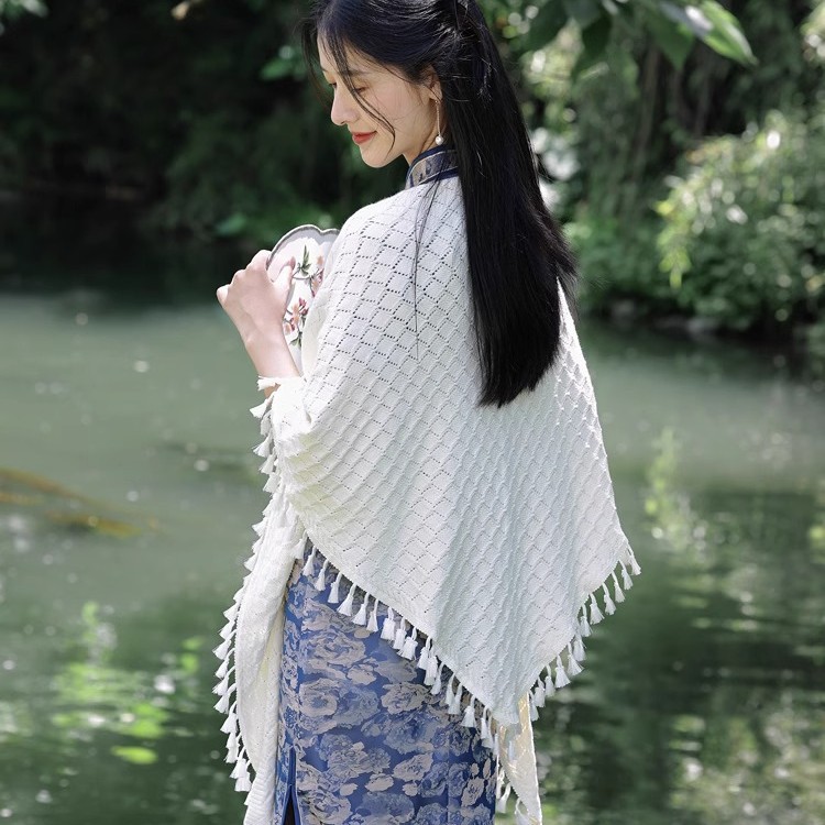 Cheongsam Shawl Outerwear for Women, Summer Knitted Triangle Scarf Cape with Tassels, Hollow-Out, Gentle Temperament Cardigan, Versatile Wholesale