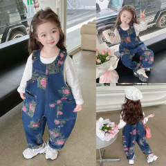 女童玫瑰花背帶褲2024春季新款洋氣時髦兒童裝中小童休閒牛仔長褲