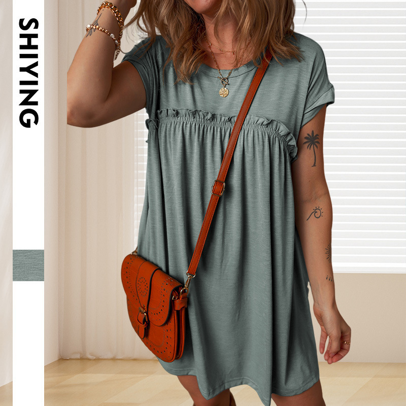 Trendy European and American New Summer Dress Casual Waist-Cinching Pleated Flowy Swing Short-Sleeve Round Neck Women's Dress