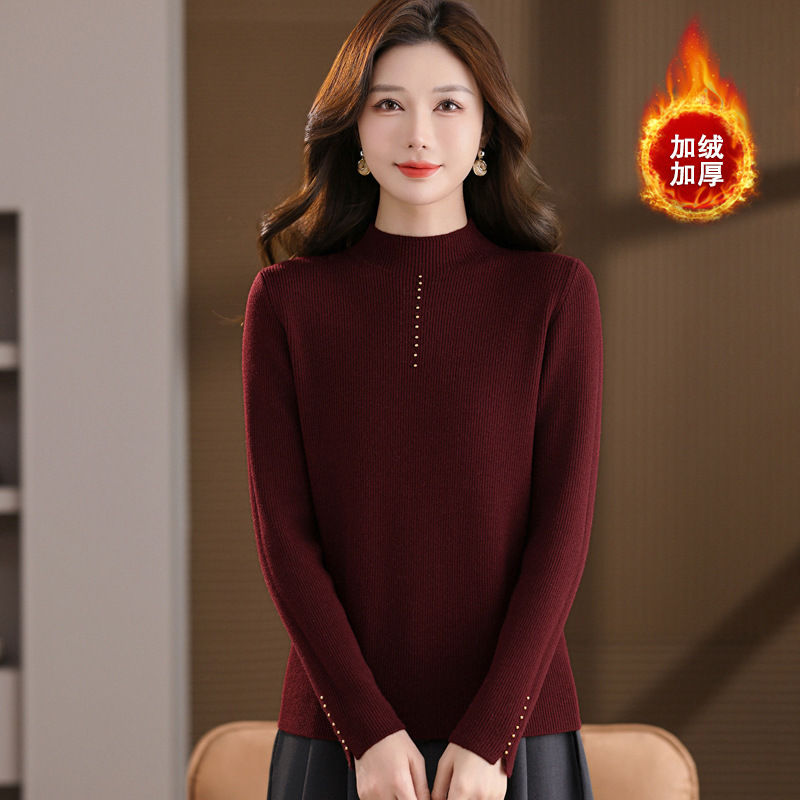 25新款女打底衫时髦洋气内搭修身毛衣秋冬高级感半高领一体绒保暖，女装针织衫/毛衣，妃慕昵服饰