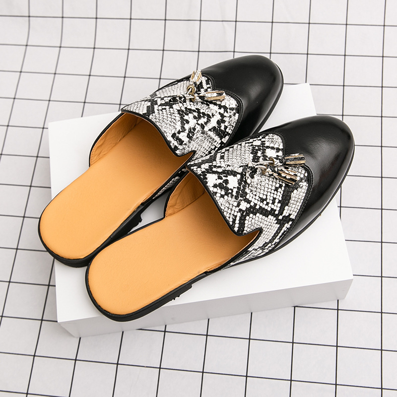 Zapatos perezosos con pies para hombre, zapatos transfronterizos de gran tamaño, nuevos zapatos de cuero de medio arrastre de verano, tendencia de moda, estilista, zapatos de cuero con flecos