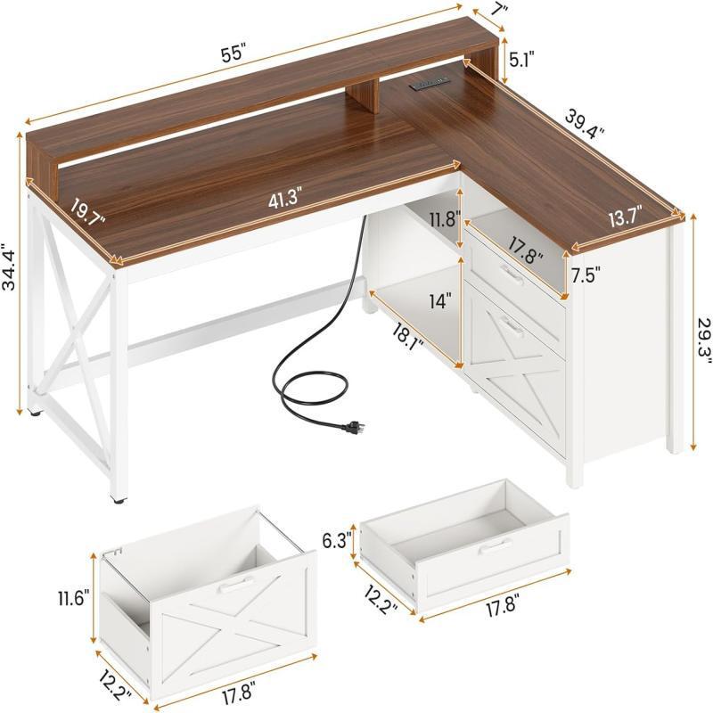 Factory Customized Staff Desktop Computer Desk with File Cabinet and Storage Rack, L-Shaped Corner Workstation with USB Socket