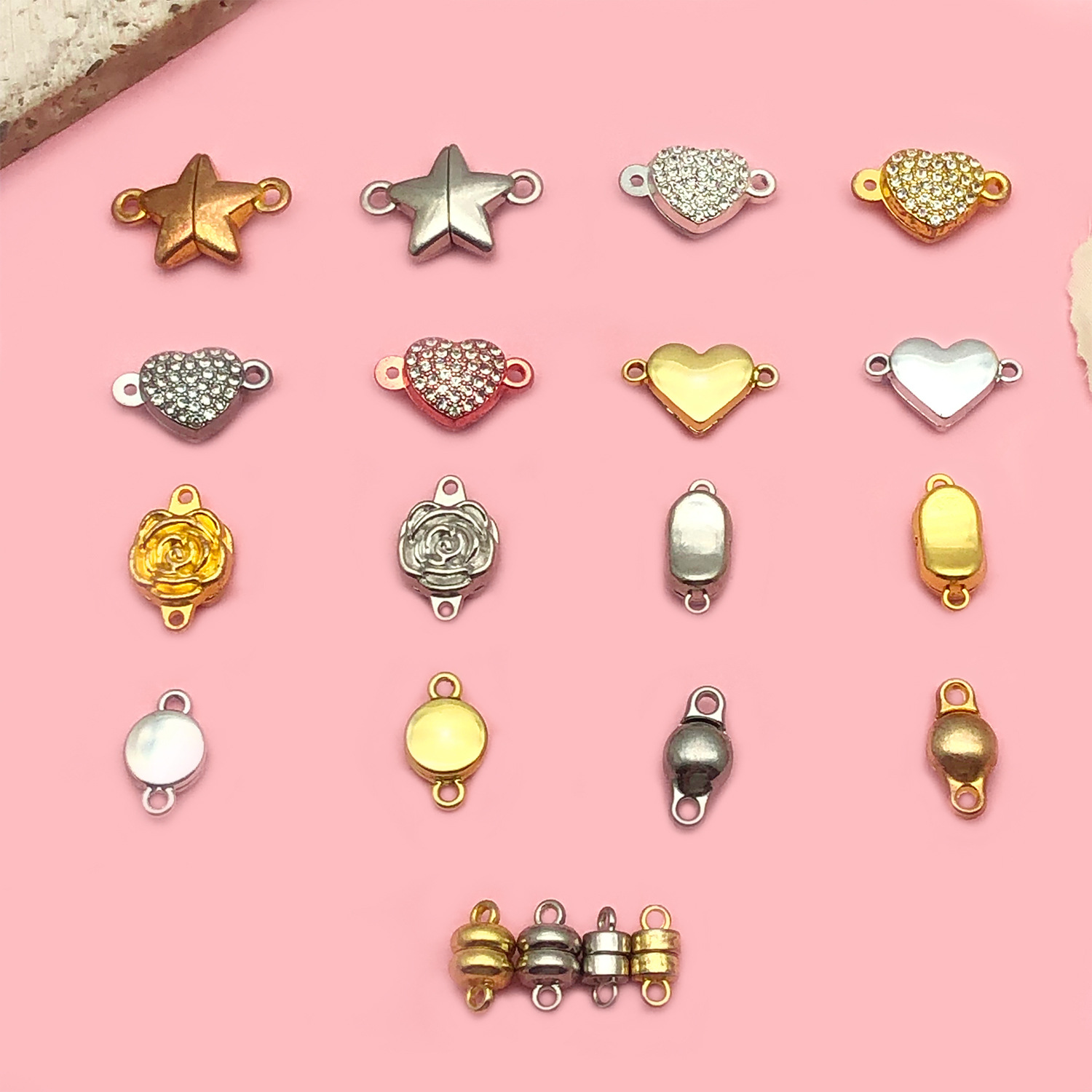 20 Zinc Alloy Dot Diamond Magnet Buckle Double Hanging Heart Rose Cylindrical DIY Bracelet Connection Buckle Material Package