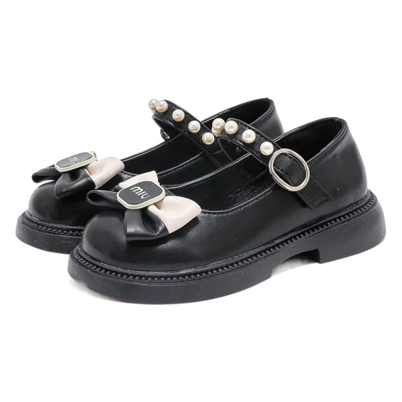 Детская обувь принцессы с бантом 2024 осенний новый средний мальчик жемчуг школьница маленькая кожаная обувь для девочек нескользящая одиночная обувь