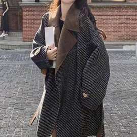 大码胖mm感复古条纹毛呢外套女2025秋冬韩系美拉德呢子 大衣200斤