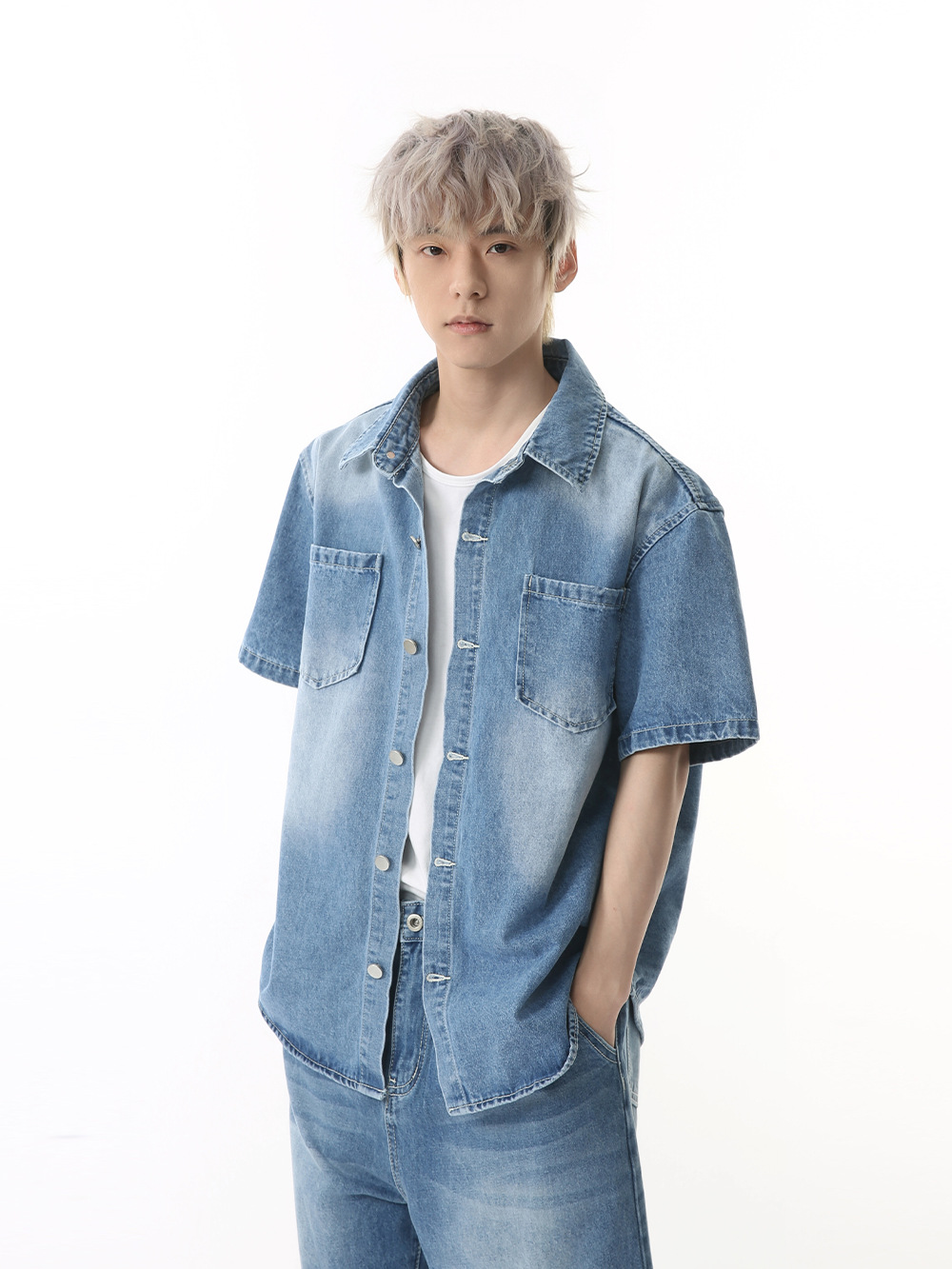 MTLCLOTHES para hombre | Moda americana cleanfit casual lavado blanco camisa de manga corta traje primavera y verano