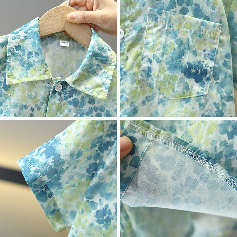 7860 traje de camisa de verano para niños 2025 nuevo estilo de moda para niños de dos piezas de manga corta ropa de estilo de playa para bebés