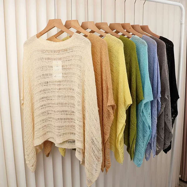 Hollow Knit Sun Protection Shawl for Women, Summer Thin Irregular Loose Cape, Elegant Beach Vacation Outerwear