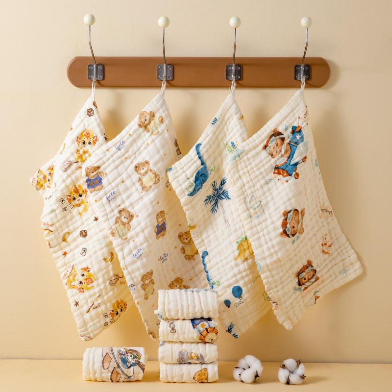 Baby Gauze Towel for Face Washing, Pure Cotton Baby Saliva Towel, Newborn Small Square Towel, Burp Cloth with Cartoon Print