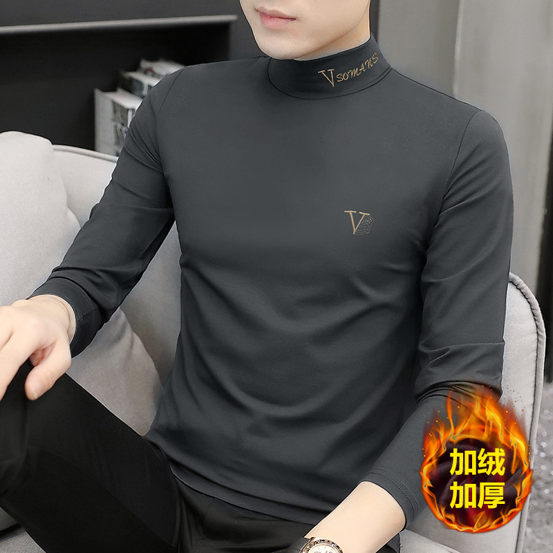 Silver Fox Velvet Autumn and Winter Men's T-Shirt, Slim Fit, Warm Inner Layer, Half-High Collar, Long-Sleeve Thermal Shirt, Men's Fleece-Lined Thickened Base Layer