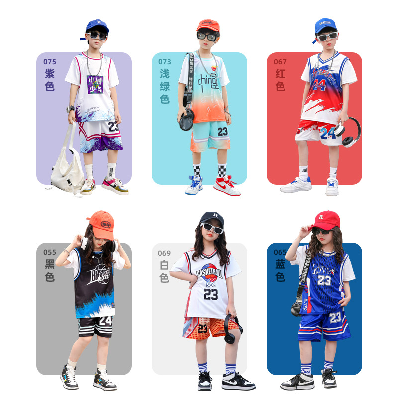 Fake Two-Piece Children's Basketball Clothes Printed Summer Clothes Boys and Girls Training Clothes Jersey Students Middle and Big Children Sports Suit