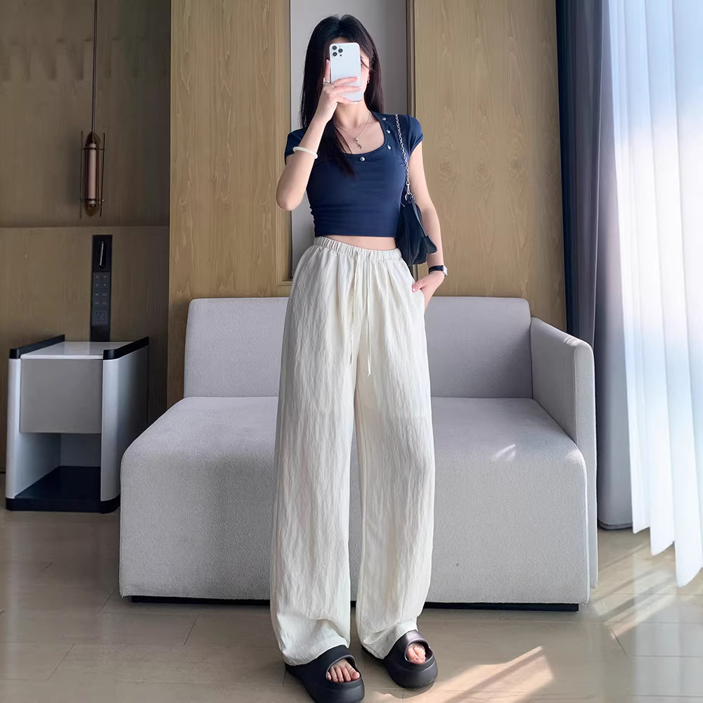 Tencel Linen Wide-Leg Pants for Women, Summer Thin High-Waisted Loose Casual Pants for Petite Figures, Ice Silk Cotton Linen Casual Pants