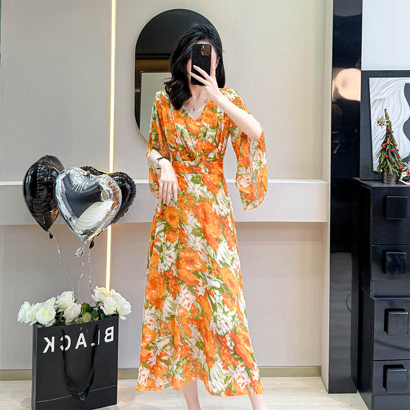 Summer Van Gogh Orange Kite Marigold Jacquard Print Chiffon V-Neck Irregular Dress_ecoleips.com
