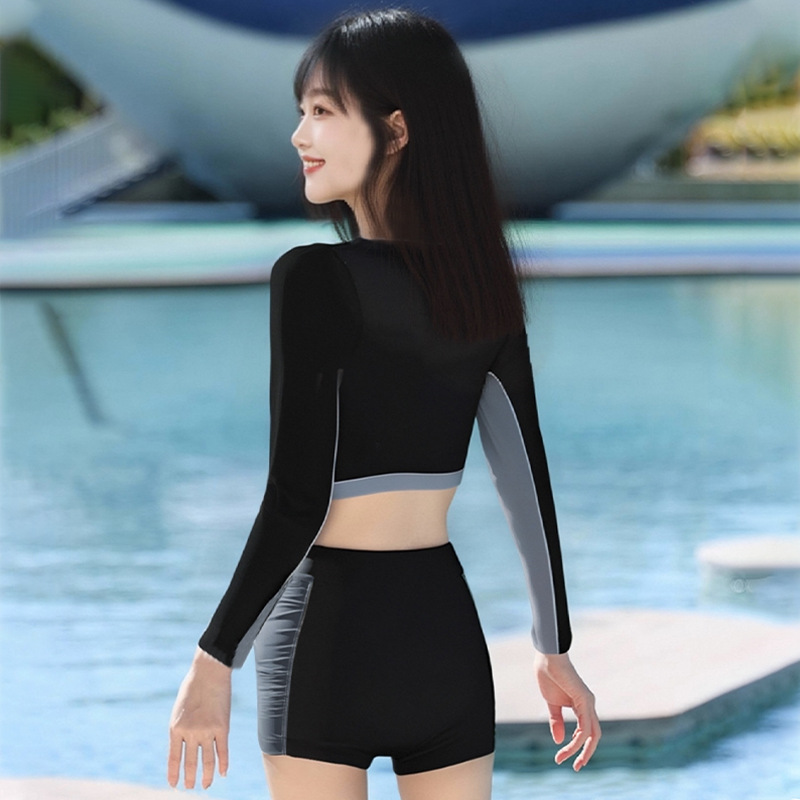 2025 traje de baño dividido con protector solar de manga larga de dos piezas para mujer, estilo deportivo de boxer conservador, traje de baño de vacaciones de aguas termales delgado