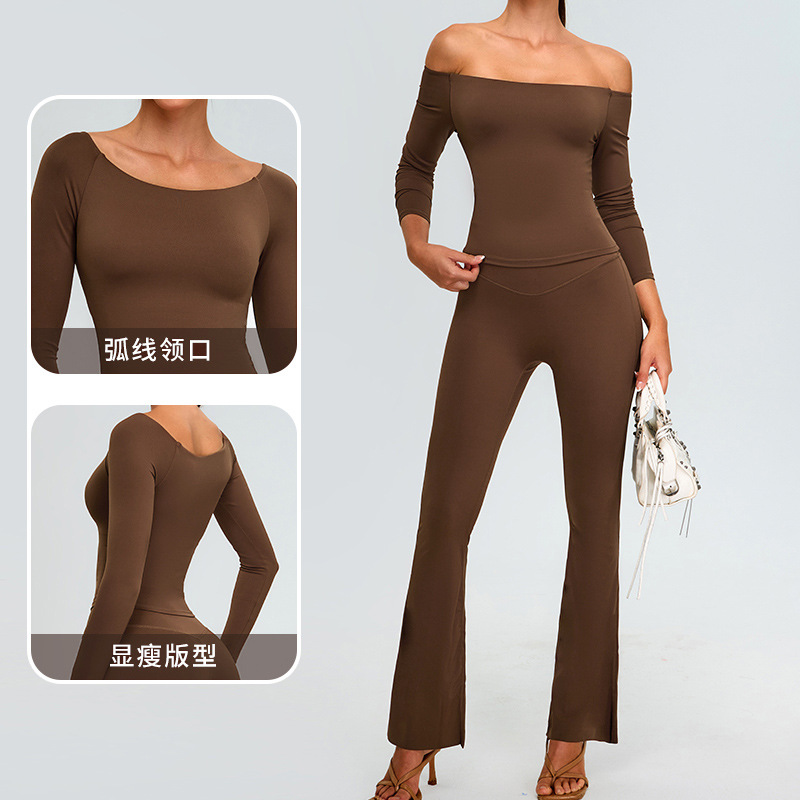 Otoño y invierno nuevo tipo de hombro delgado y delgado manga larga set de ropa de yoga de piernas anchas de mujer micro trajes deportivos al aire libre set de fitness