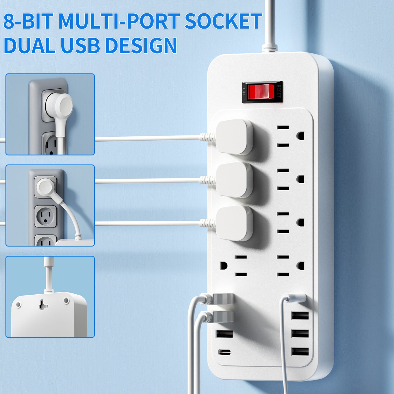 Conector de cableado USB doméstico transfronterizo estándar estadounidense con surge de 8 bits de conector de fila estándar estadounidense con conector de sobrecarga de conector de fila de carga