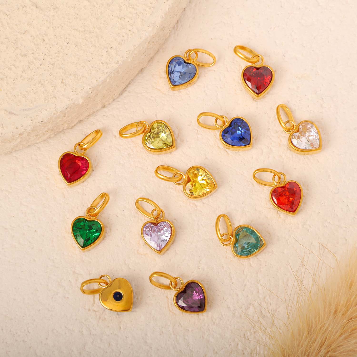 European and American Cross-Border Stainless Steel Heart-Shaped Colored Diamond Pendant 12 Birthstone Heart Titanium Steel Necklace DIY Accessories Wholesale