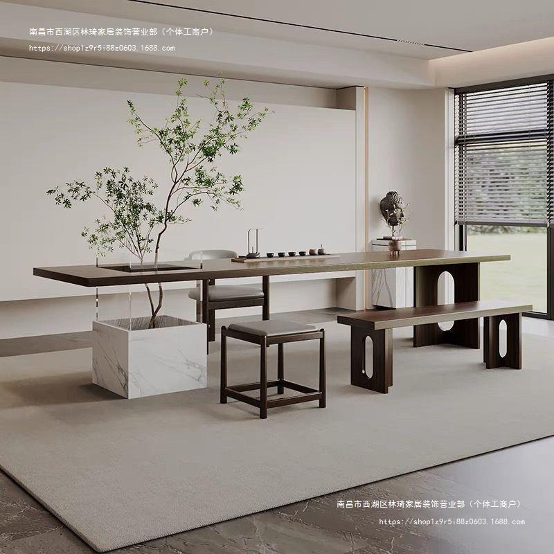 新中式简约茶桌椅实木大板自动功夫书法桌商务茶台办公室景观禅意