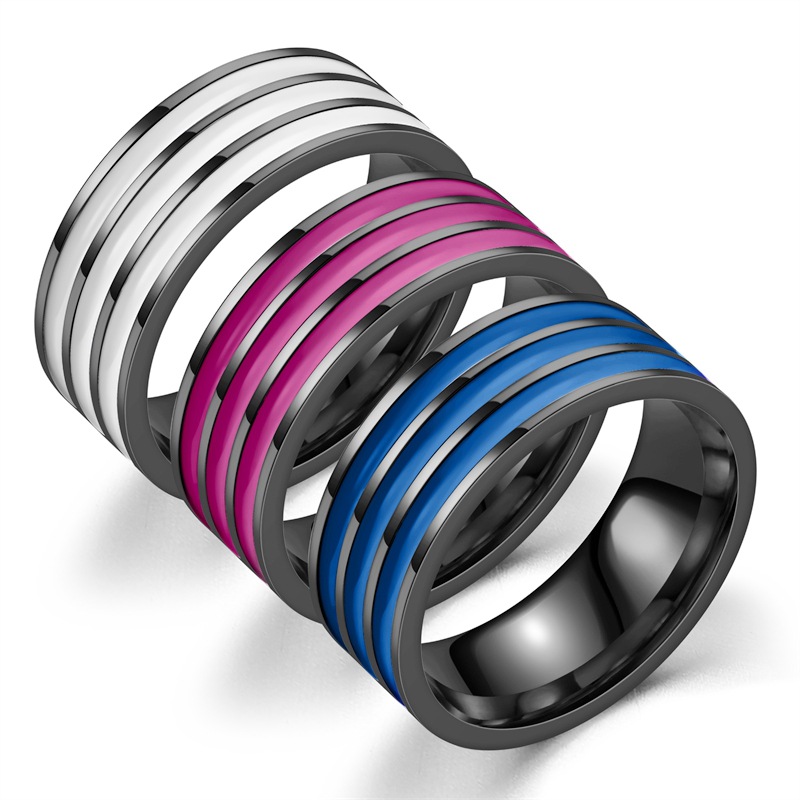 Retro Stripe Titanium Steel Enamel Rings
