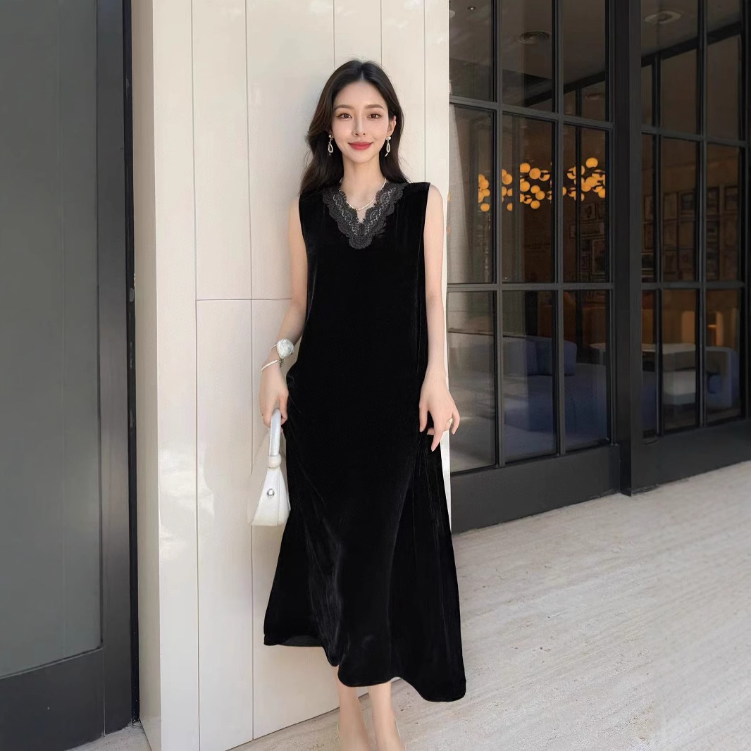 Silk velvet black solid color fashionable elegant lace summer dress…