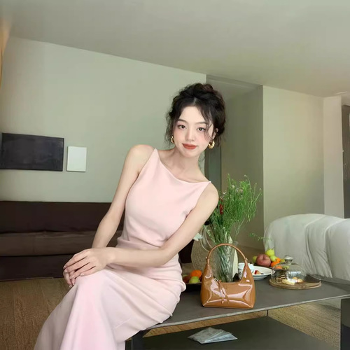 French one-length waist slit dress for women in summer new high-end style slim sling skirt