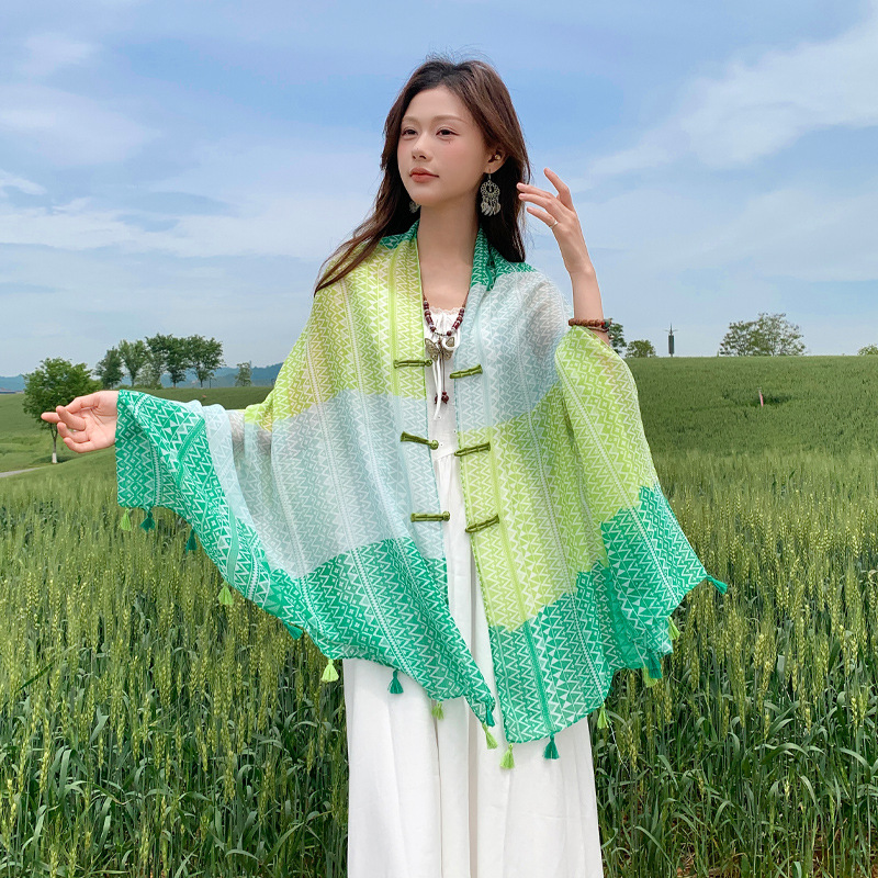 Mantón de protección solar para mujer, vestido exterior de primavera y verano, chal de estilo étnico, hebilla de playa, nuevo cárdigan de capa de estilo chino