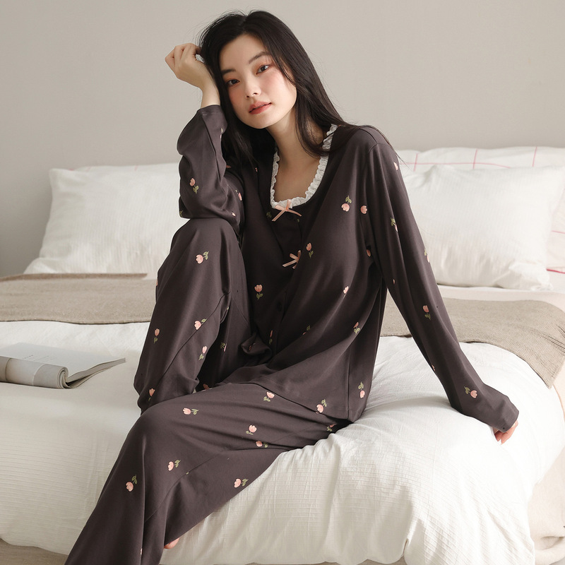 纯棉睡衣女2025新款春秋款爽棉开衫长袖简约大码家居服套装可外穿|undefined