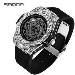 New 7034 Men's Belt Watch with Diamond-embellished Dial, Night Light, Waterproof, Creative Automatic Mechanical Wristwatch