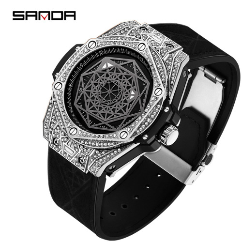 New 7034 Men's Belt Watch with Diamond-embellished Dial, Night Light, Waterproof, Creative Automatic Mechanical Wristwatch