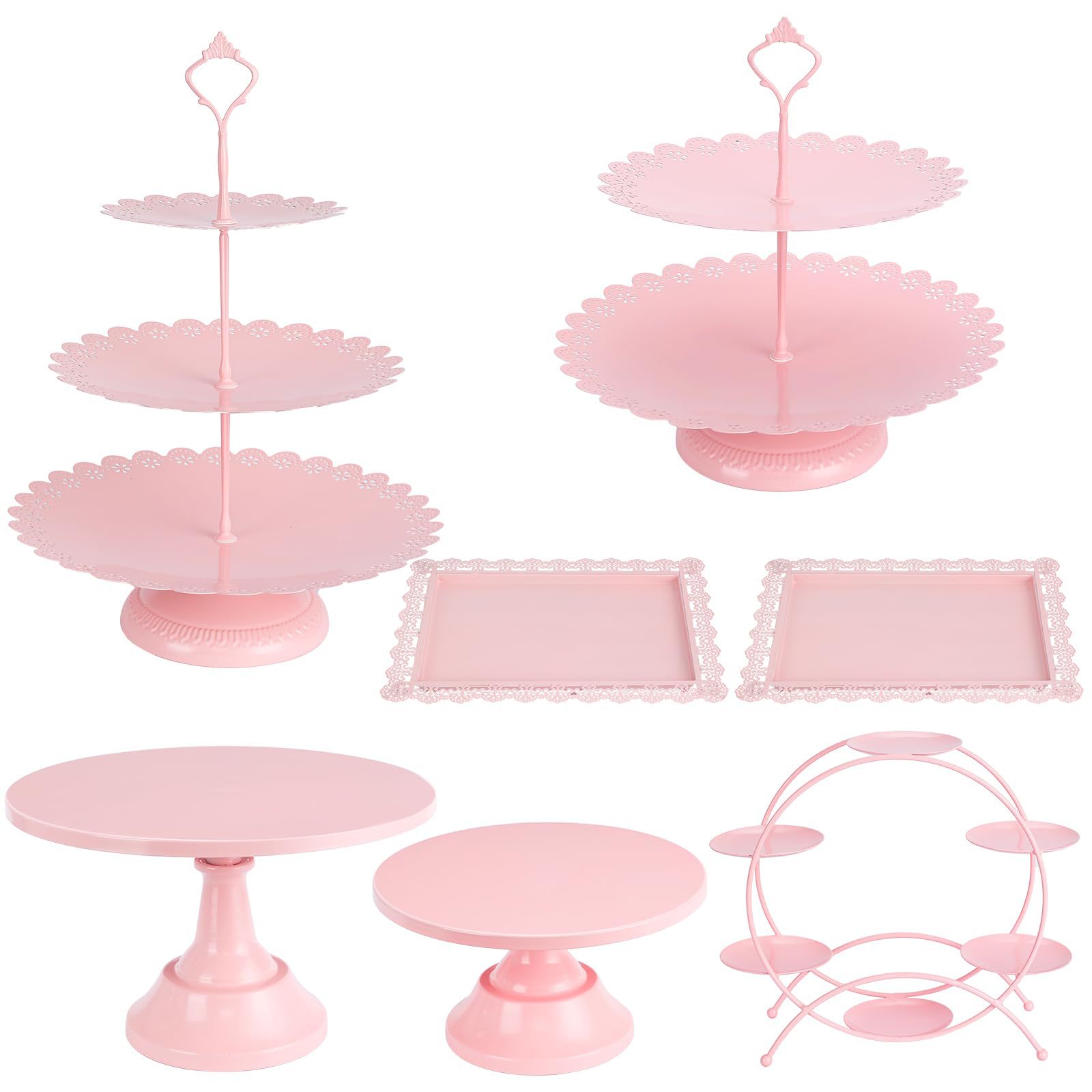 7 piezas juego de estantes de pasteles rosa mesa de postres set de exhibición metal redondo estratificado nuevo estante de cupcake rosa image 6