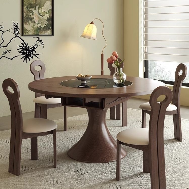 Vintage-style retractable multifunctional round household solid wood dining table with smart induction cooker and turntable, retro walnut wood dining table