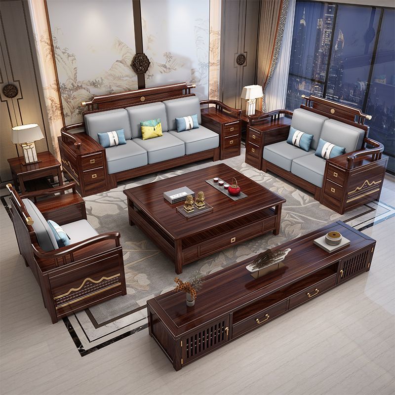 New Chinese-style ebony wood solid wood sofa set, Chinese-style living room, light luxury, high-end, thick cushioned furniture, suitable for hotels and large apartments