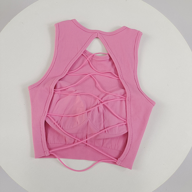 Hermoso chaleco de yoga con cordones cruzados, ropa interior deportiva de copa fija para mujer, ropa deportiva para correr, top sexy