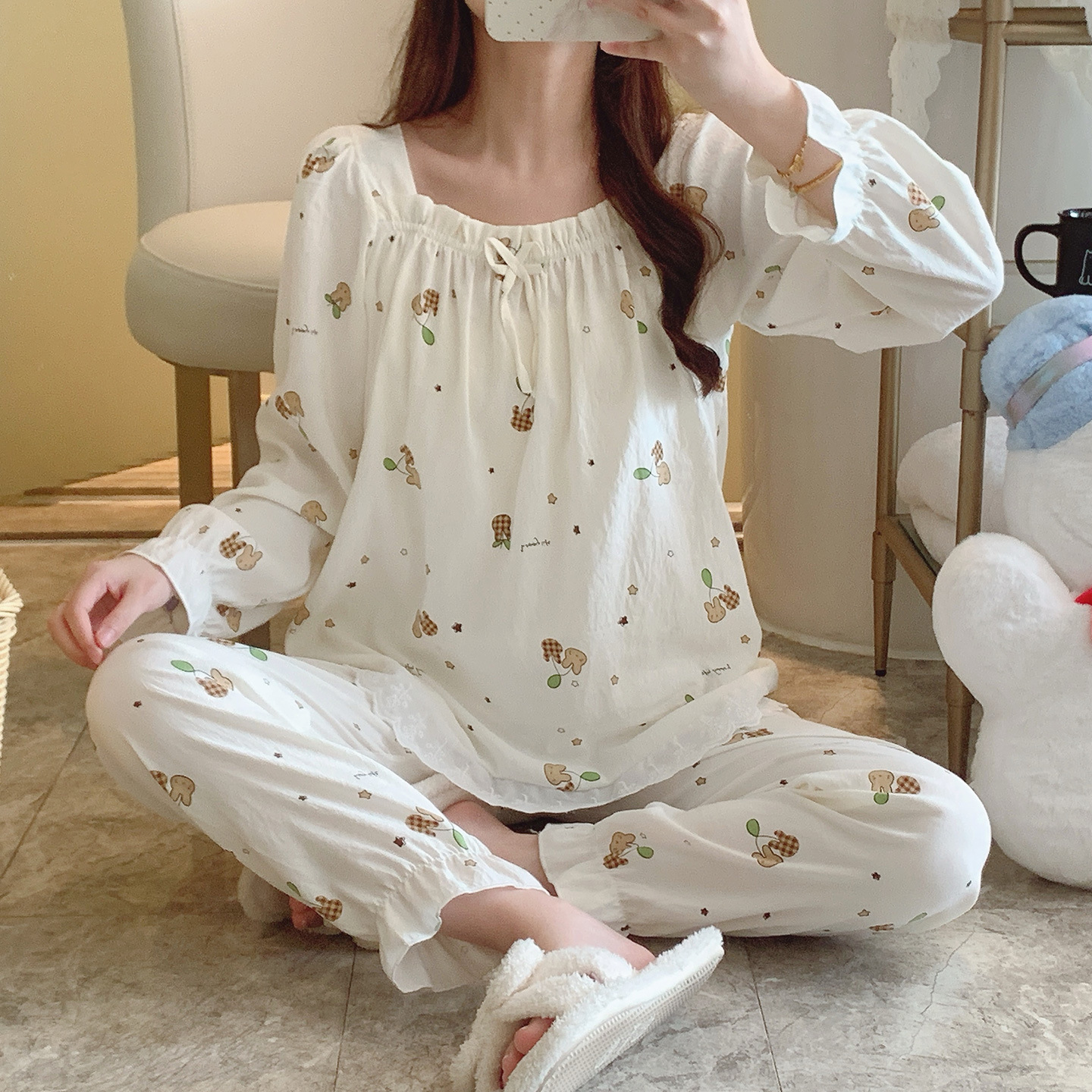 Loose New Casual Two-Piece Women's Pajamas Cloud Cotton Long-Sleeved Trousers Students Can Wear Outside Home Clothes Set