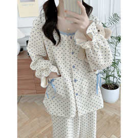 韩国ins新款爱心加厚碎花花边领家居服长袖喇叭袖套装